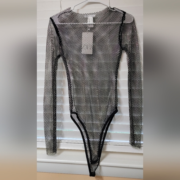 ZARA Net Mesh Crochet Rhinestone Iridescent Crystal Sheer Long Sleeve Bodysuit - Picture 4 of 8